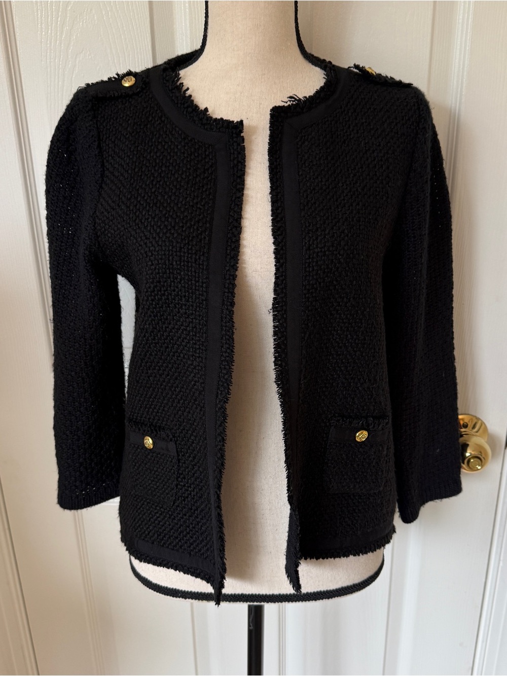🔥Mango Black Tweed Cardigan Jacket w/ Open Front & Frayed Hems M